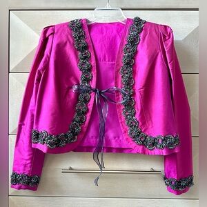 VINTAGE FUSCIA LONG SLEEVE FORMAL WOMEN’S JACKET - BEAD SEQUIN DETAILS -SIZE M